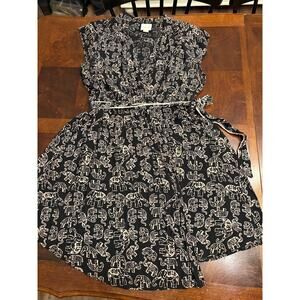 Maeve Anthropologie Elephant Print Faux Wrap Dress Size Large Black